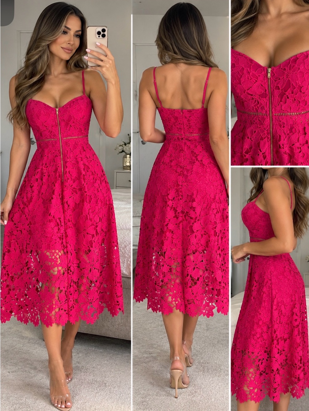 love...ady Hot Pink Floral Lace Spaghetti Strap Dress